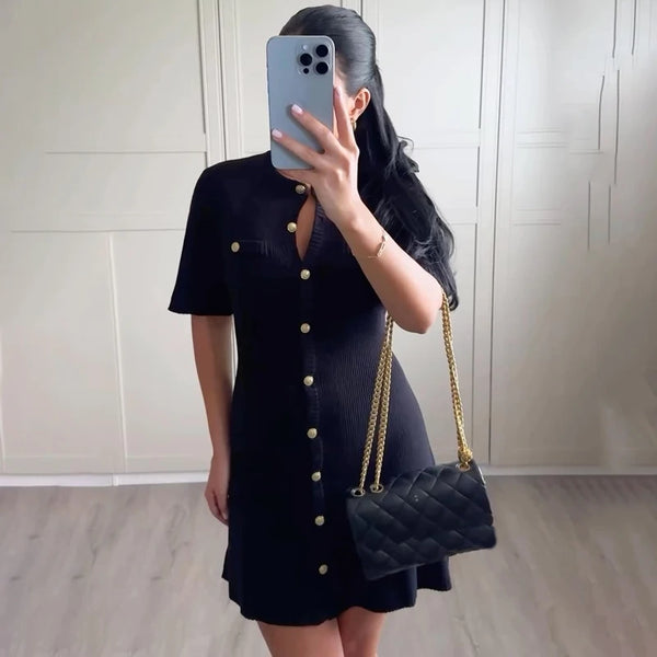 Elegant Knitted Mini Dress for Women Slim Fit Ribbed Knit with Metal Buttons Short Sleeve Holiday Party Dress